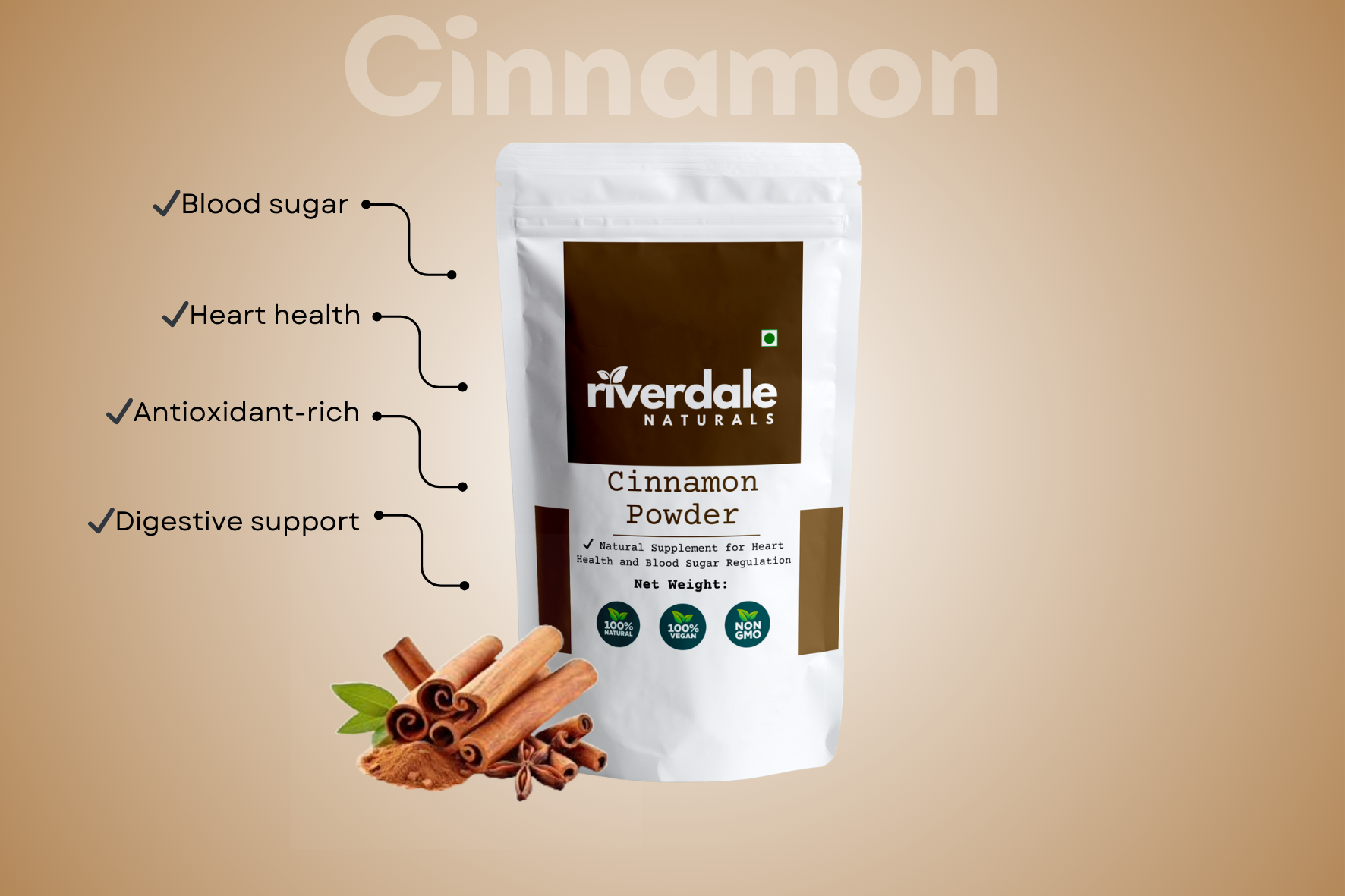 Riverdale Naturals Cinnamon Powder 100g – Pure & Natural Metabolism & Flavor Booster - Image 2